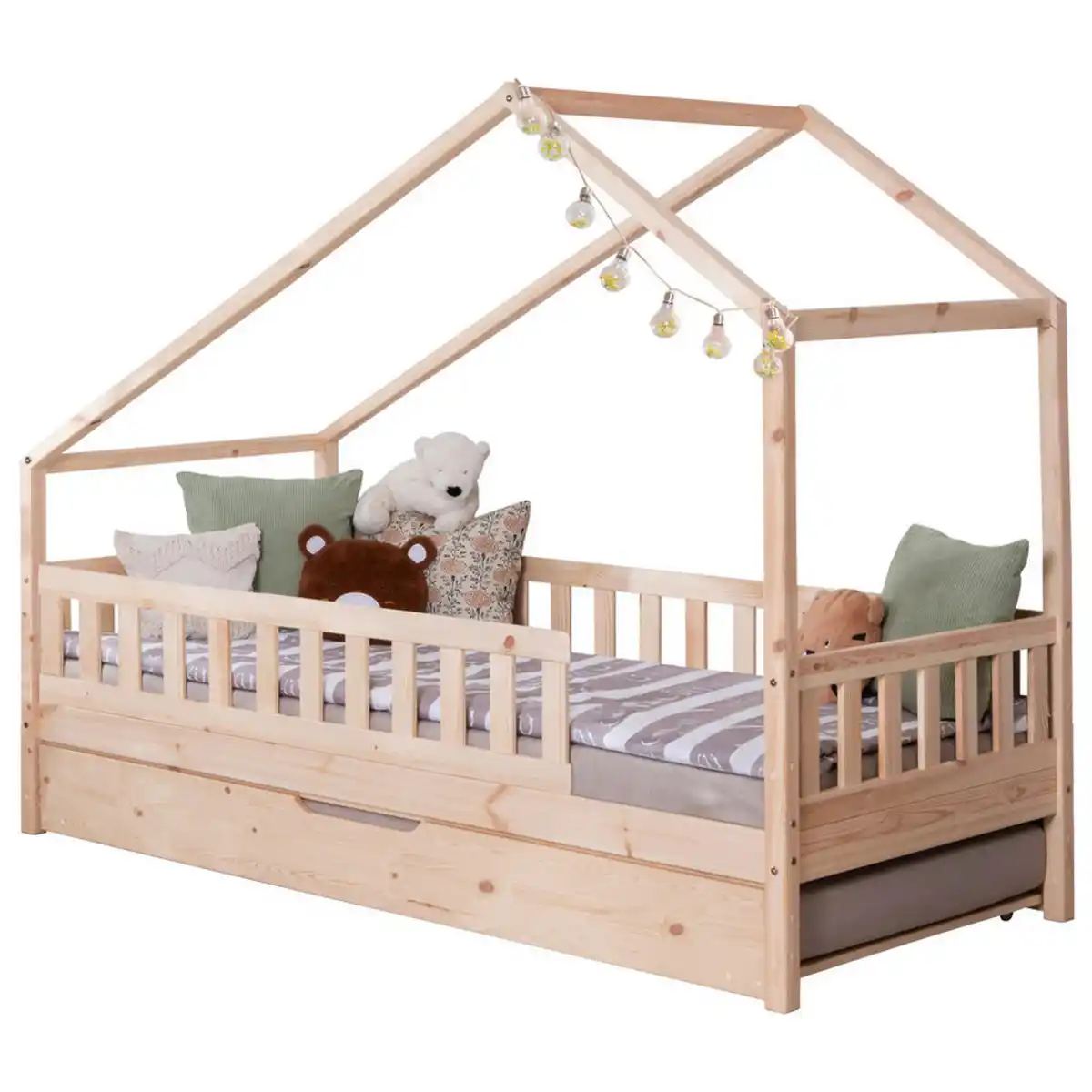 Bild 1 von Mid.you Hausbett, Natur, Textil, Birke,Kiefer, Schichtholz,massiv, H2, Höhe ca. 16 cm, seitenverkehrt montierbar, 120x200 cm, transformierbar, nur für Rollroste geeignet, bodentiefer Einstieg, Kind