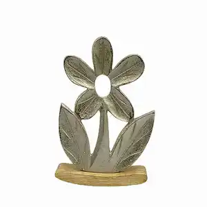 Dekoblume, Braun, Silber, Holz, Metall, Mangoholz, massiv, Uni, Blume, 16.5x24.5x3.5 cm, Kunsthandwerk, Dekoration, Skulpturen & Dekoobjekte, Dekoobjekte