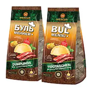 Teigtaschen "Bulmeniki" mit Kartoffel- und Speckfüllung, tie...