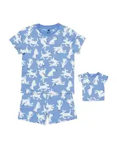 Kinder-Kurzpyjama Hunde mit Puppenpyjama blau