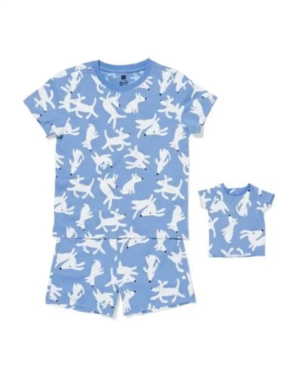 Bild 1 von Kinder-Kurzpyjama Hunde mit Puppenpyjama blau