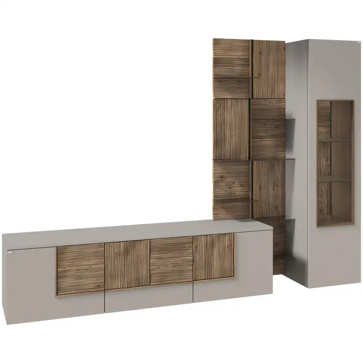 Bild 1 von Voglauer Wohnwand Vlacera Living, Taupe, Wildeiche, Holz, Glas, Holzwerkstoff, Wildeiche, furniert, massiv, mehrschichtige Massivholzplatte (Tischlerplatte),vollmassiv, 6 Fächer, 272x196x50 cm, Beim