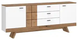 Kommode Oreta B: 184 cm Weiß Hochglanz/Eichefarben, Weiß, Eichefarben, Weiß Hochglanz