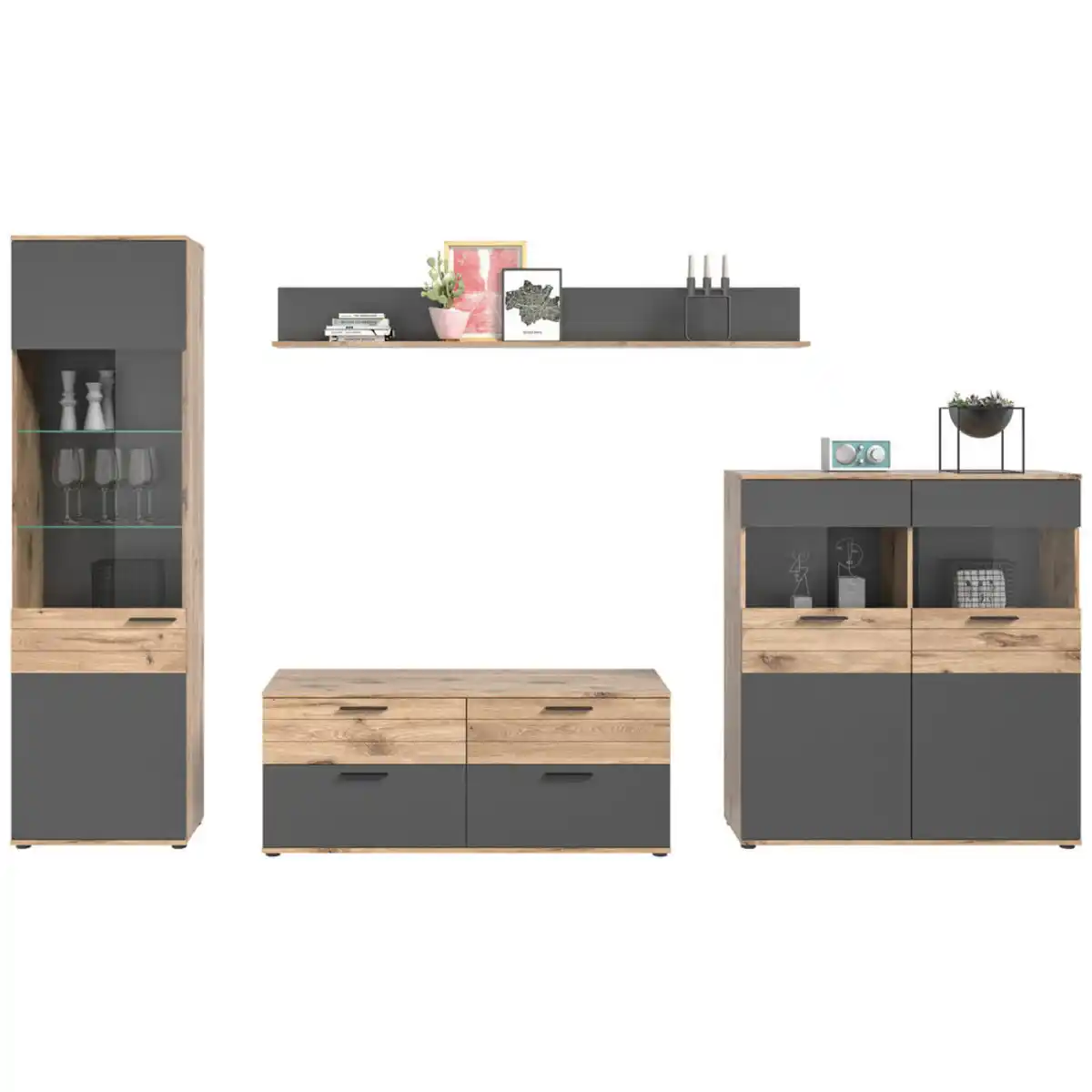 Bild 1 von Mid.you Wohnwand, Grau, Kunststoff, 5 Fächer, 2 Schublade(n) Schubladen, 327x200x44 cm, Made in EU, FSC Mix, Wohnzimmer, Wohnwände, Wohnwand-Sets