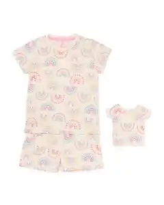 Kinder-Kurzpyjama Regenbogen mit Puppenpyjama bunt