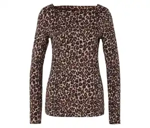 Langarmshirt, beige mit braun-schwarzem Leo-Alloverprint