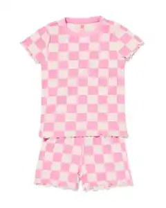 Kinder-Kurzpyjama, gerippt, Karomuster rosa