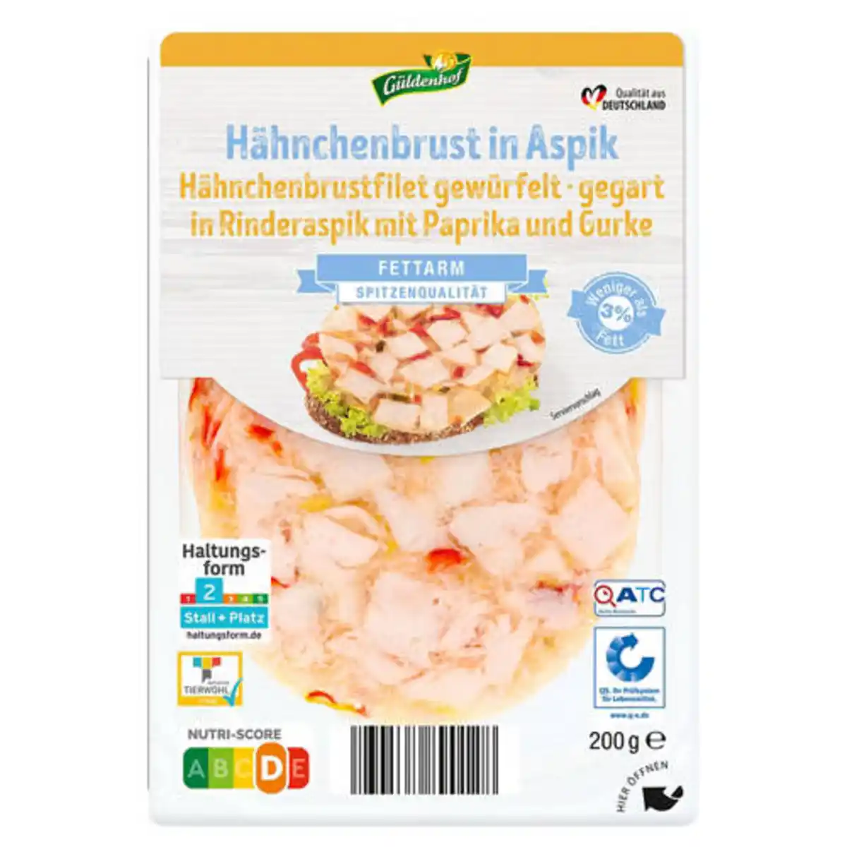 Bild 1 von GÜLDENHOF Aspik-Aufschnitt 200 g, Hähnchenbrustf. mit Paprika u. Gurke