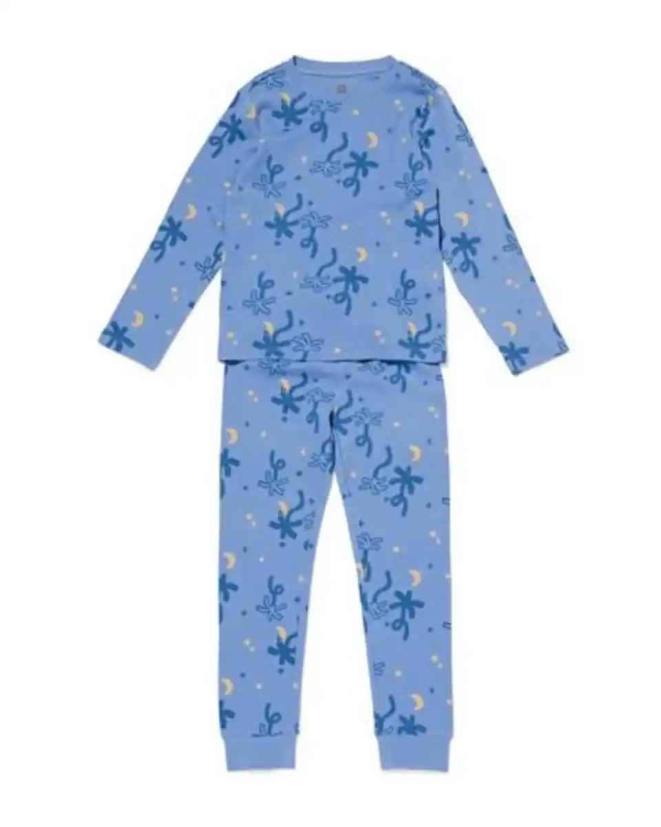 Bild 1 von Kinderpyjama gerippt, Palmmuster blau