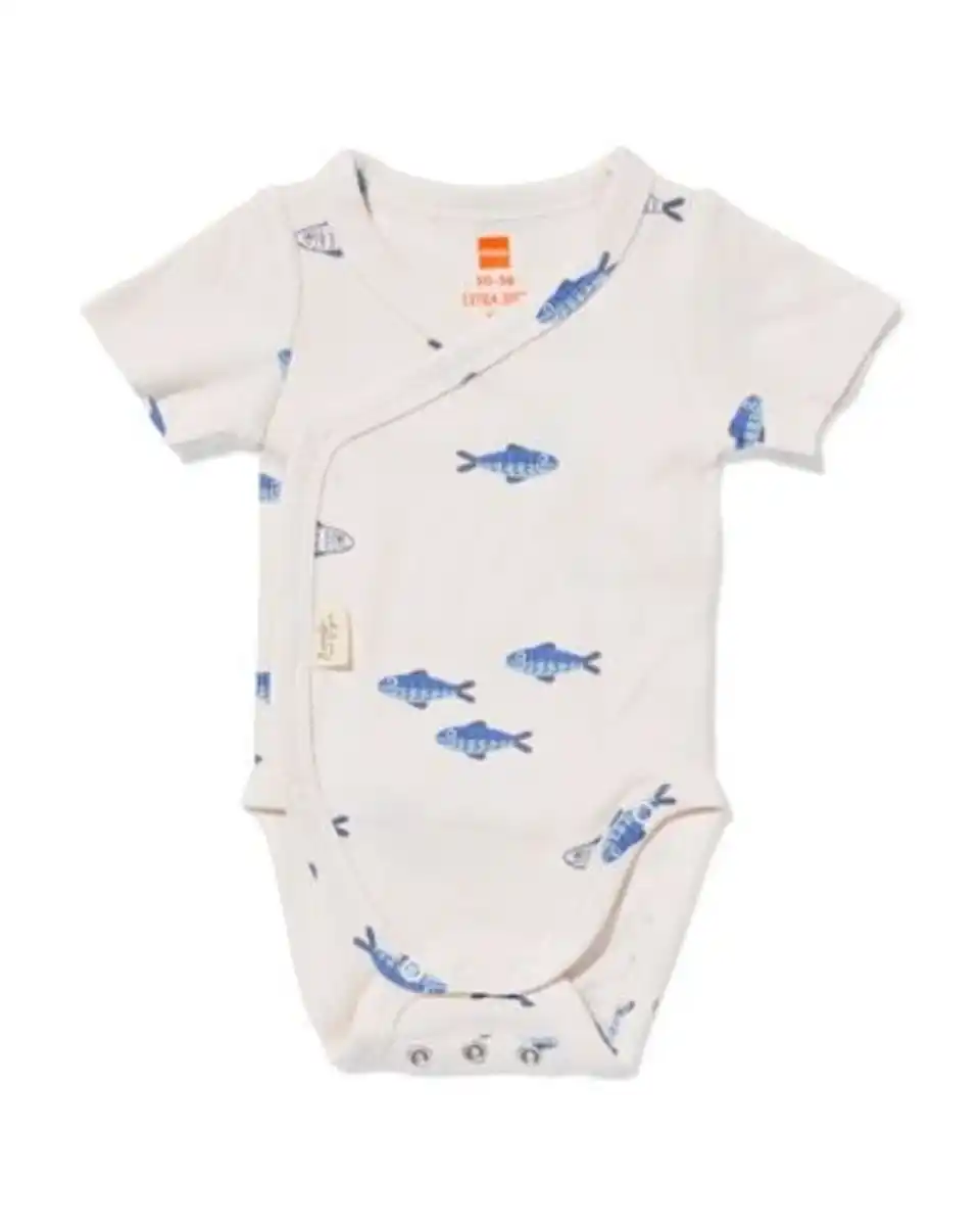 Bild 1 von Newborn Mitwachsender Wickelstrampler, gerippt, Fische ecru