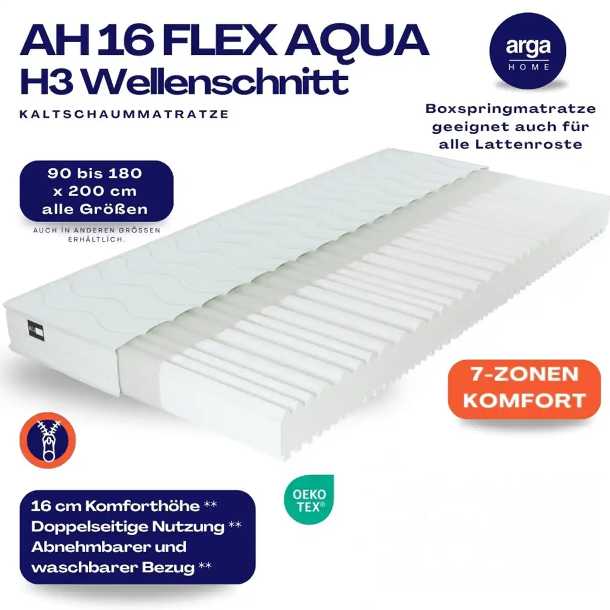 Bild 1 von AH16 FlexAqua Kaltschaummatratze H3, 7-Zonen Wellenschnitt – 16 cm Höhe