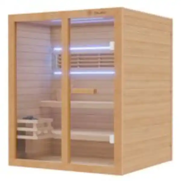 Bild 2 von Finnische Sauna TOFINO 160x150 Kabine aus Hemlock Tannenholz mit 4,5 kW Harvia Ofen