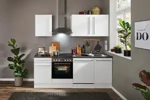 Küchenblock Jazz mit Geräten ca.220cm Weiß Hochglanz, Weiß Hochglanz