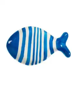 Gestreiftes Dekotablett in Fischform, hellblau