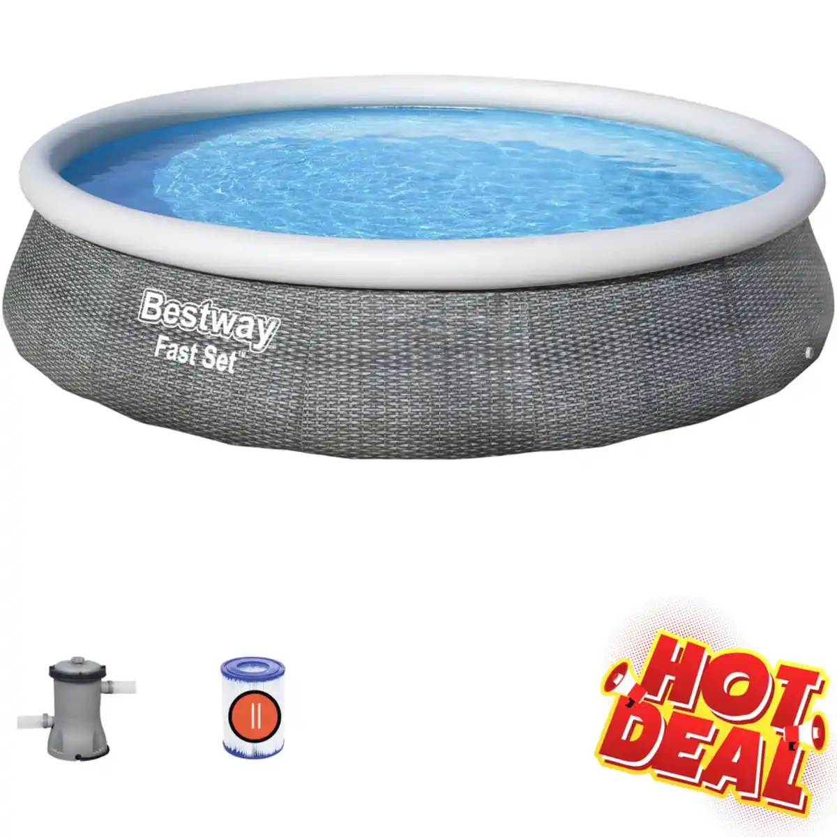 Bild 1 von Bestway® Fast Set™ Aufstellpool 396x84cm Rattan-Optik schiefergrau inkl. Pumpe
