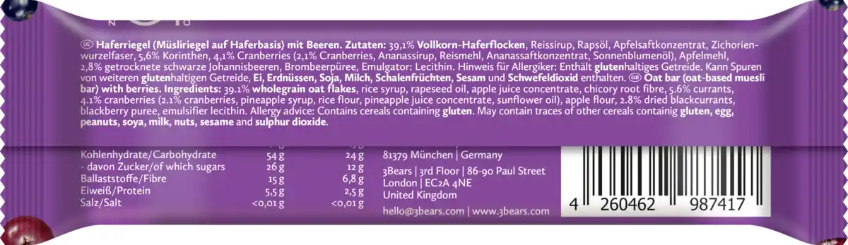 Bild 2 von 3Bears Oat Bar - Dreierlei Beere, 45 g