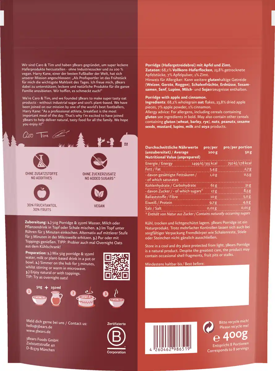 Bild 2 von 3Bears Porridge Zimtiger Apfel, 400 g