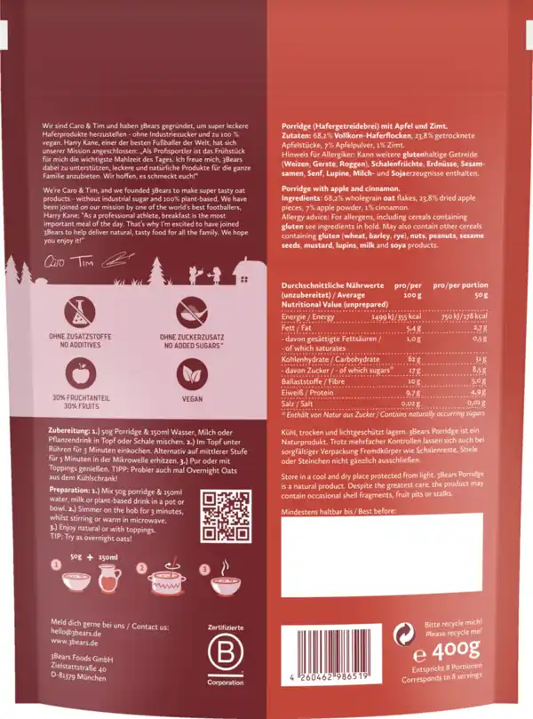 Bild 2 von 3Bears Porridge Zimtiger Apfel, 400 g