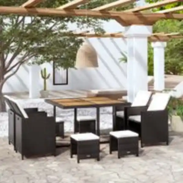 Bild 2 von 19tlg. Dining-Set mit Holztischplatte inkl. Polsterauflagen aus Poly-Rattan - Schwarz/Creme