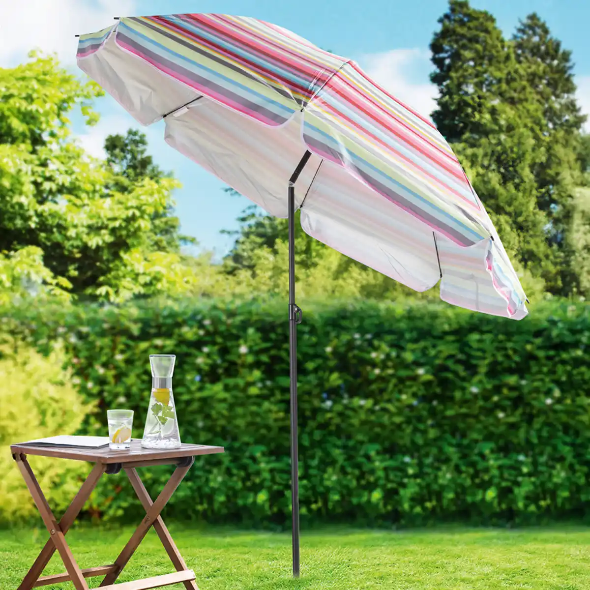 Bild 3 von  Strand-/ Sonnenschirm - Rot-Pink-Gelb-Hellgrau gestreift