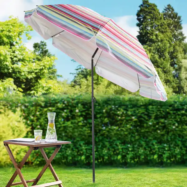 Bild 3 von  Strand-/ Sonnenschirm - Rot-Pink-Gelb-Hellgrau gestreift