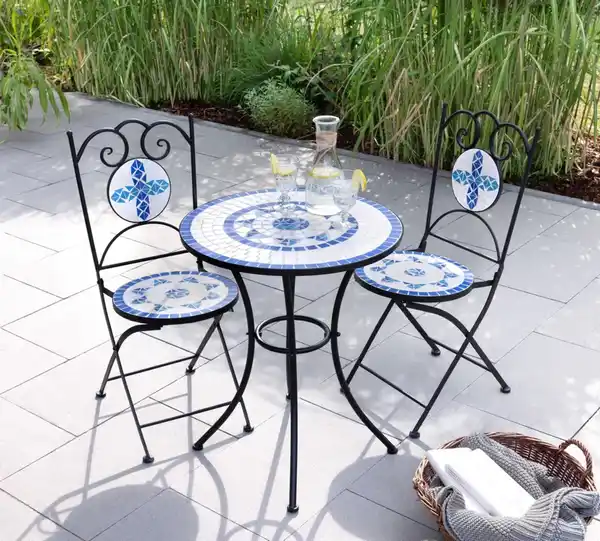Bild 4 von 3.tlg Sitzgruppe Mosaik mit Tisch Ø 60 cm & 2 Stühlen FLORAL - Mehrfarbig