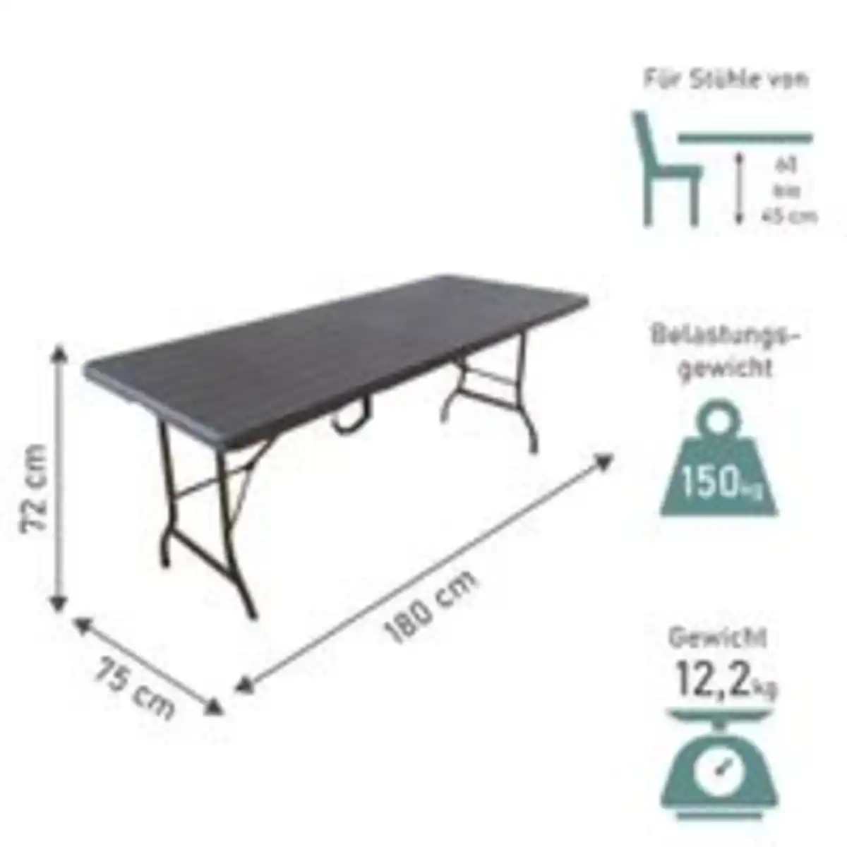 Bild 2 von Gartentisch in Holzoptik, Klapptisch 180 x 75 cm, Buffettisch bis 150 kg belastbar