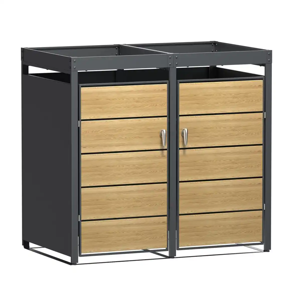 Bild 1 von 2er Mülltonnenverkleidung aus pulverbeschichtetem Stahl, ca. 132 x 80 x 124 cm - Anthrazit/Holzoptik