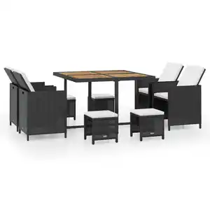 19tlg. Dining-Set mit Holztischplatte inkl. Polsterauflagen aus Poly-Rattan - Schwarz/Creme