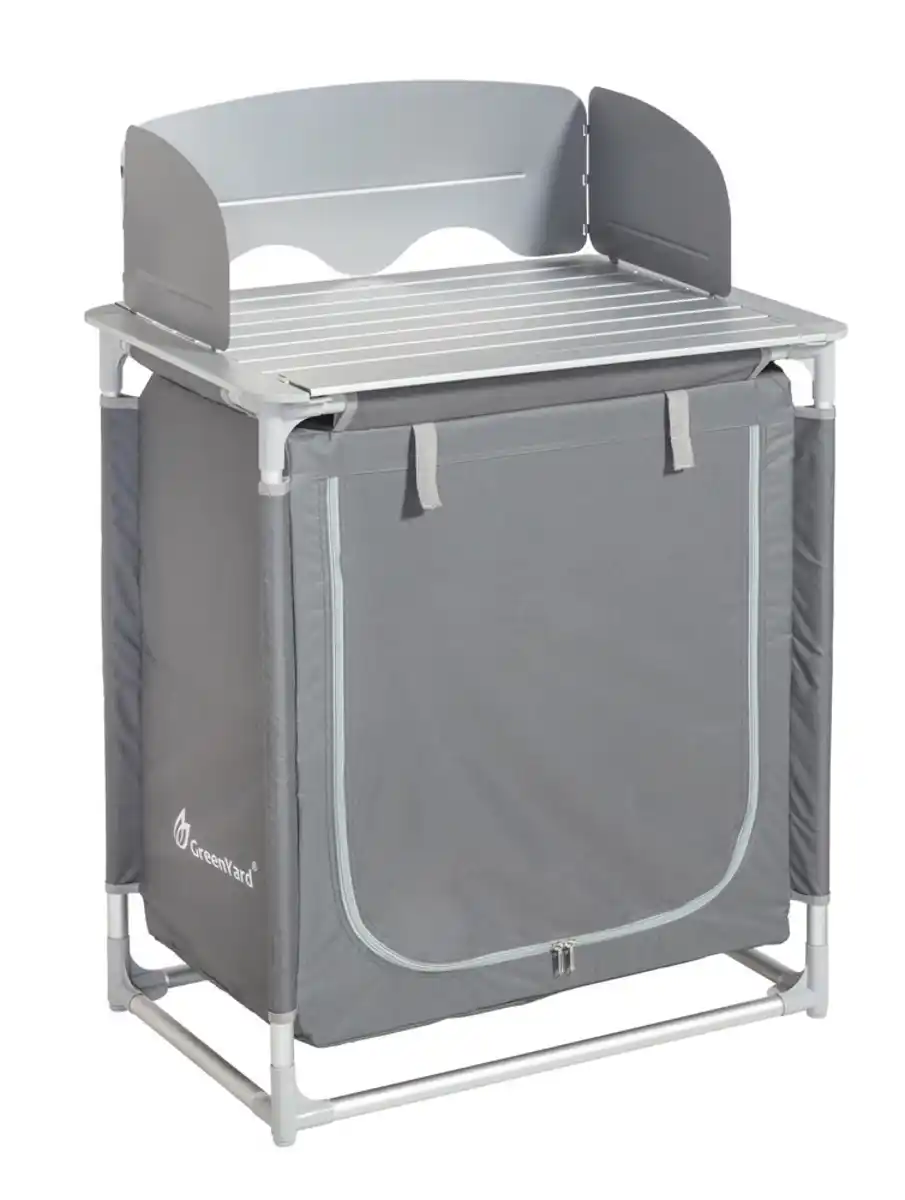 Bild 1 von Tragbarer Camping Kochtisch mit Windschutz, ca. 75 x 55 x 82/108 cm – Schwarz/Silber