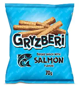 "GRYZBERI" Snack aus geröstetem Weizenbrot mit Lachsgeschmac...