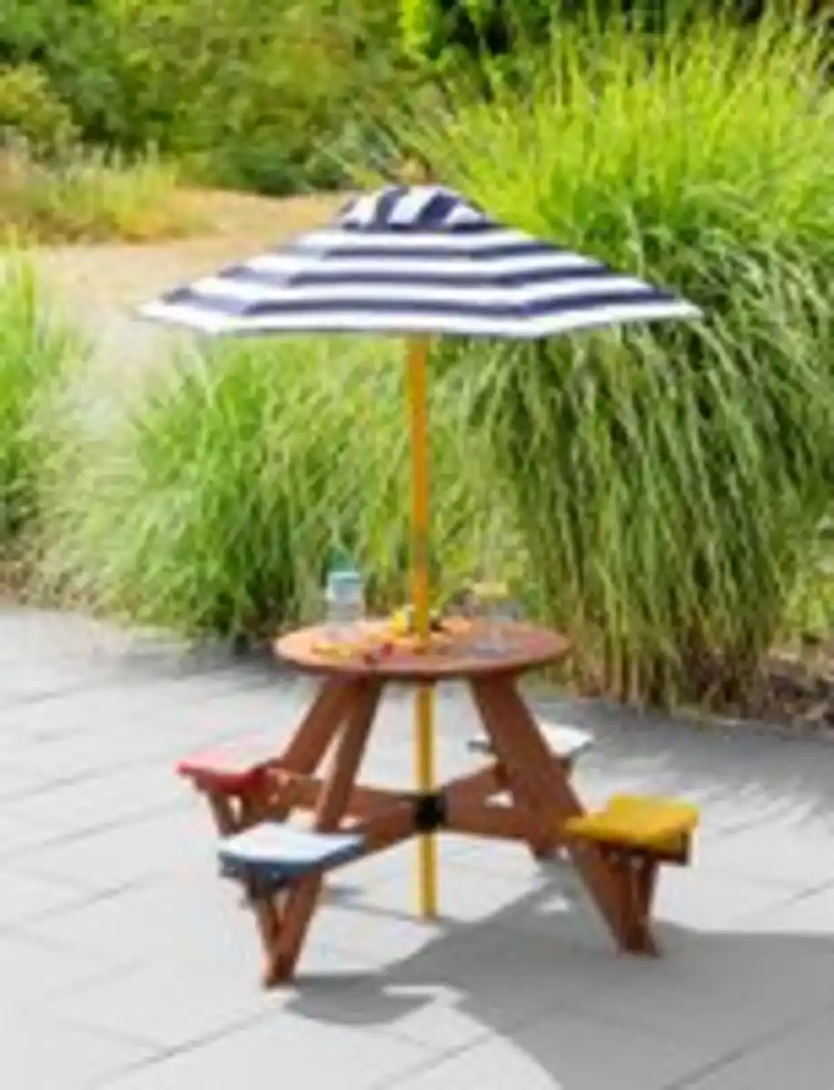 Bild 2 von Outdoor Kindersitzgruppe aus Tannenholz inkl. Schirm, ca. 120 x 120 x 57 cm - Bunt