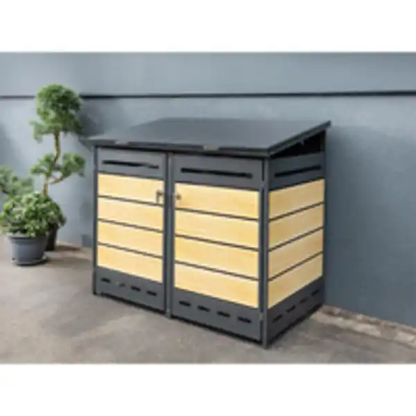 Bild 2 von 2er Mülltonnenverkleidung "Mülo" aus Edelstahl, ca. 142 x 78 x 131 cm - Anthrazit/Holzoptik