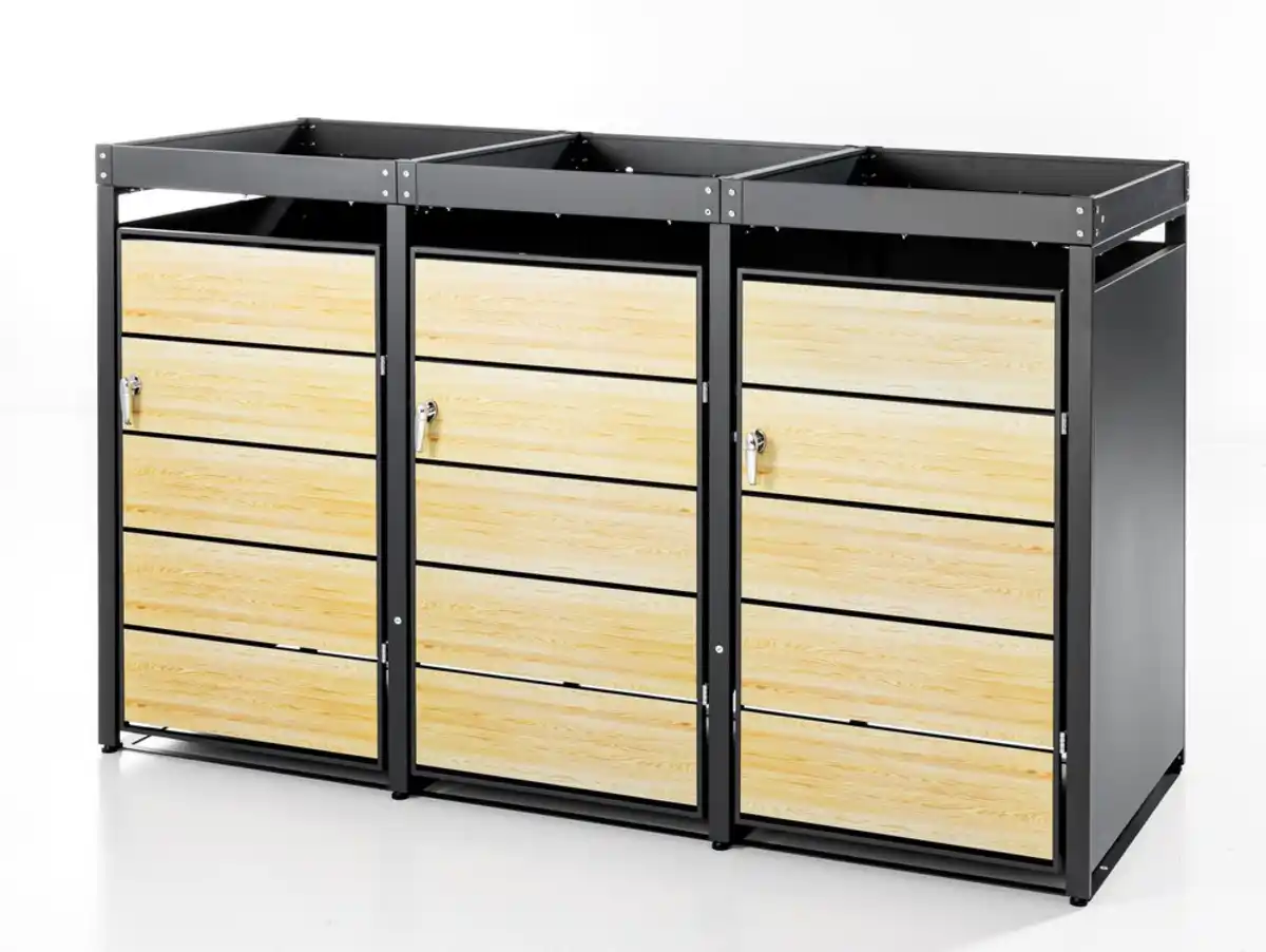 Bild 1 von 3er Mülltonnenverkleidung in Holzoptik aus Stahl, ca. 196 x 80 x 124 cm - Anthrazit/Holzoptik