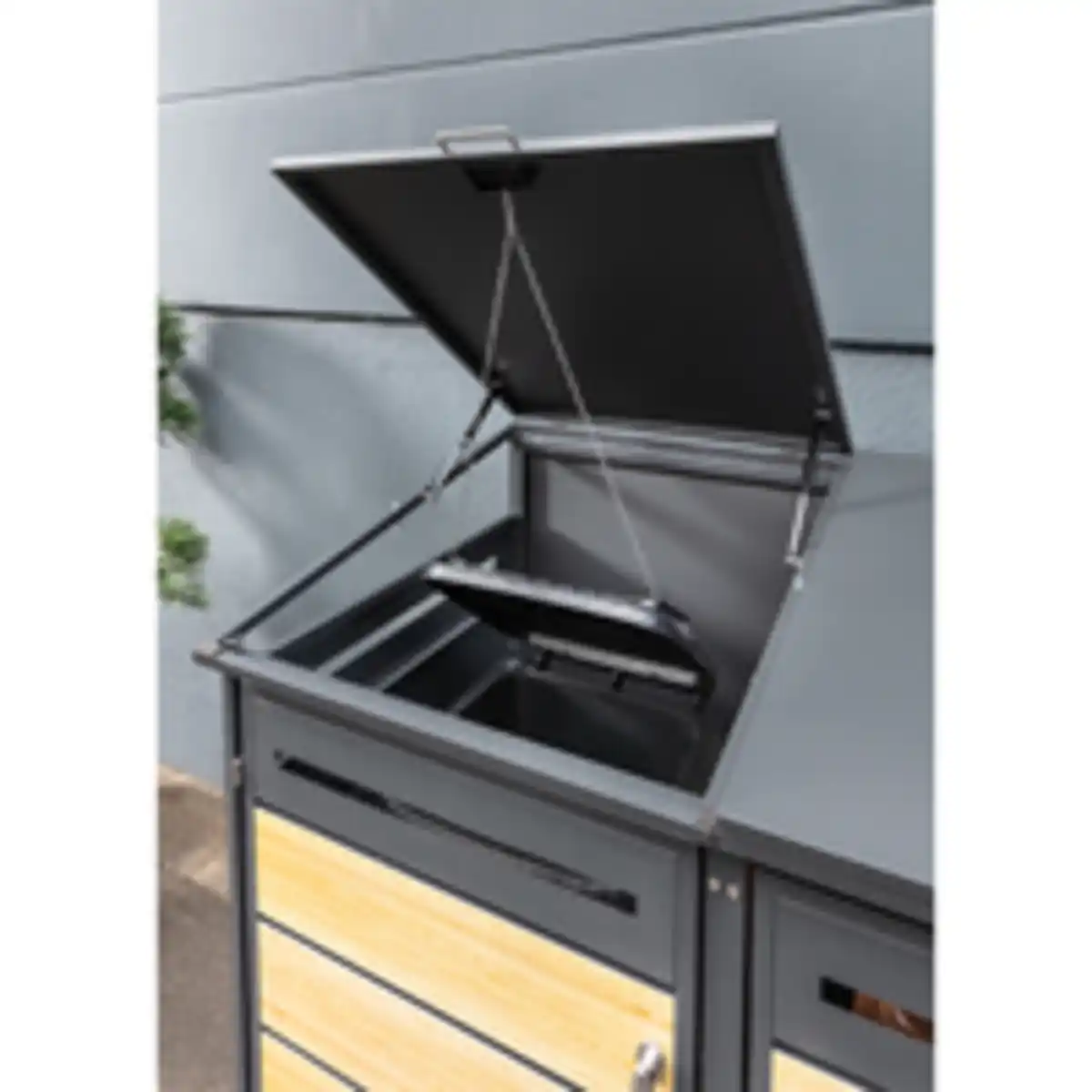 Bild 4 von 2er Mülltonnenverkleidung "Mülo" aus Edelstahl, ca. 142 x 78 x 131 cm - Anthrazit/Holzoptik