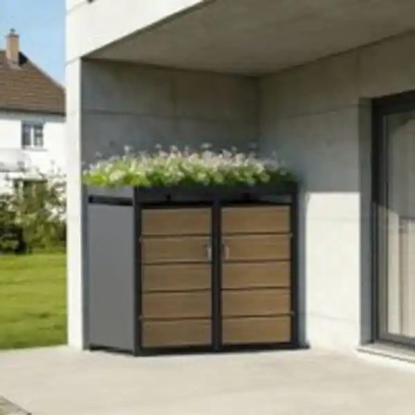 Bild 4 von 2er Mülltonnenverkleidung aus pulverbeschichtetem Stahl, ca. 132 x 80 x 124 cm - Anthrazit/Holzoptik