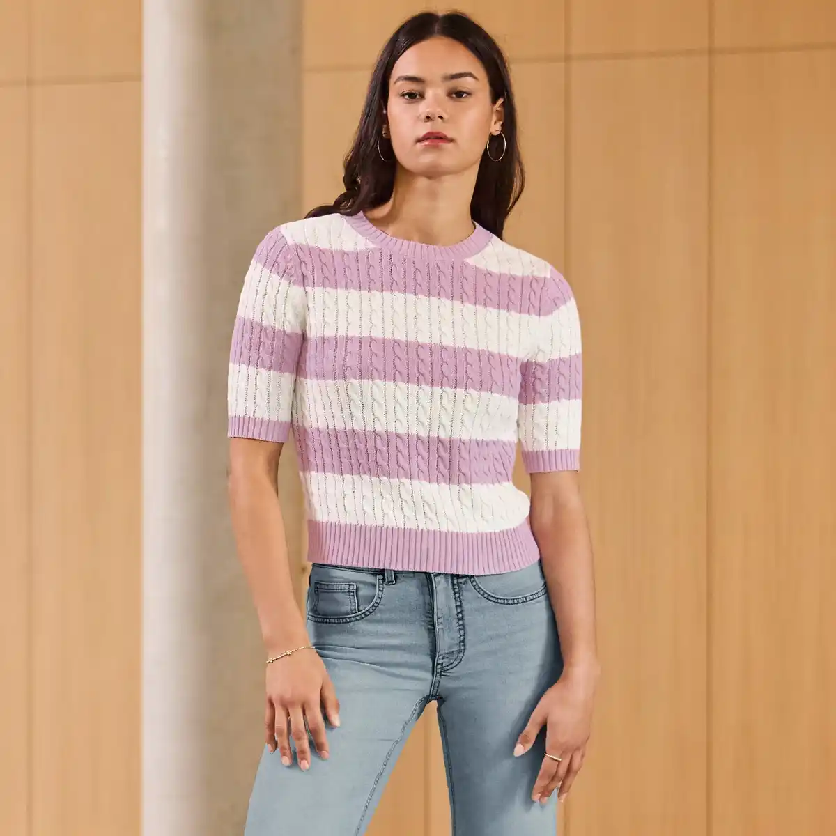 Bild 1 von Damen-Kurzarm-Pullover mit Zopfmuster