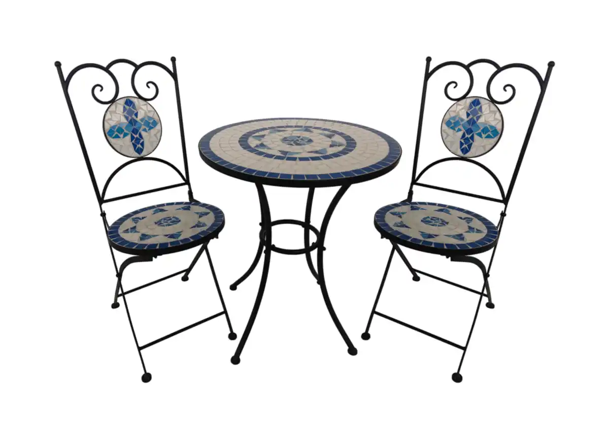 Bild 1 von 3.tlg Sitzgruppe Mosaik mit Tisch Ø 60 cm & 2 Stühlen FLORAL - Mehrfarbig