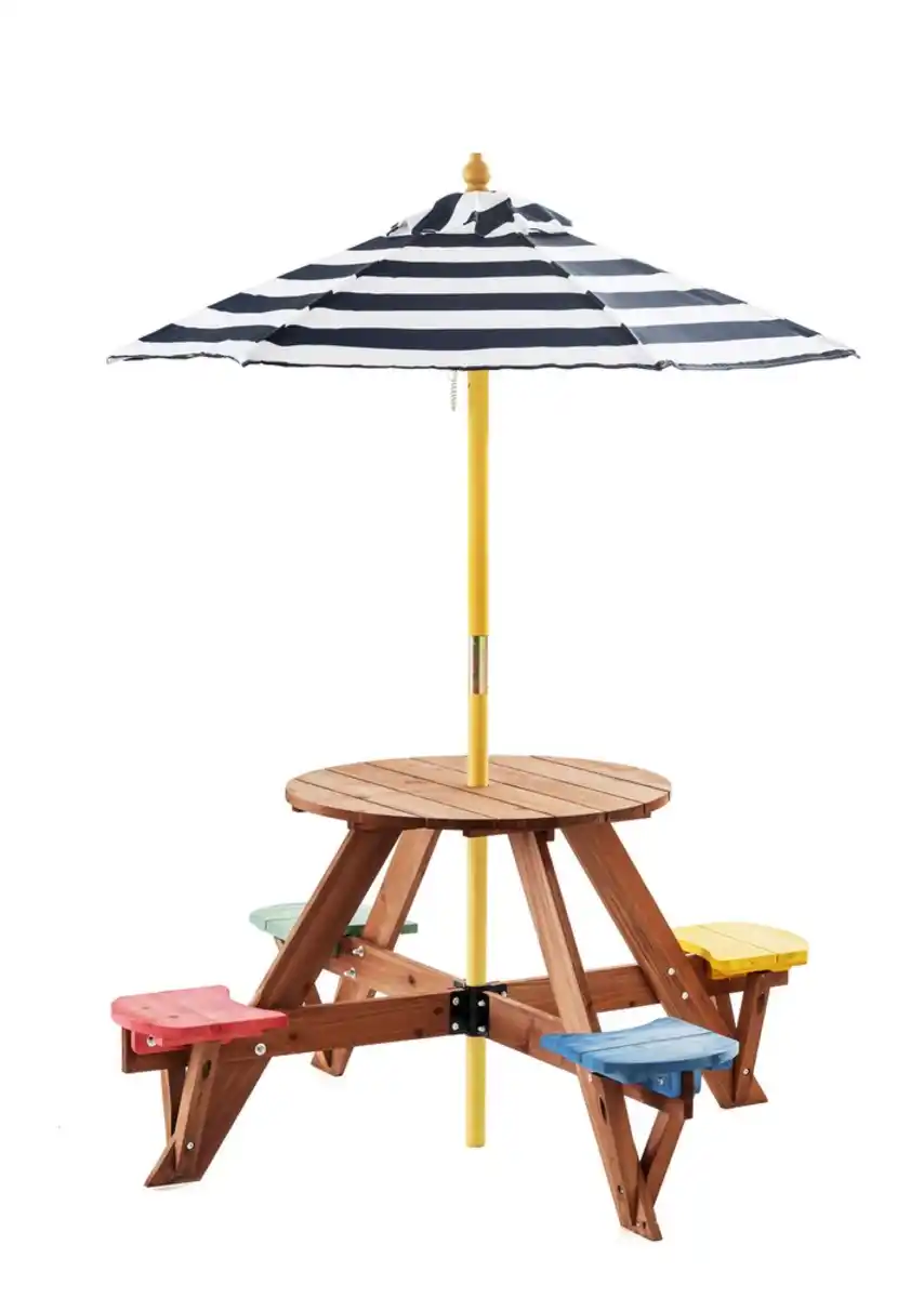 Bild 1 von Outdoor Kindersitzgruppe aus Tannenholz inkl. Schirm, ca. 120 x 120 x 57 cm - Bunt
