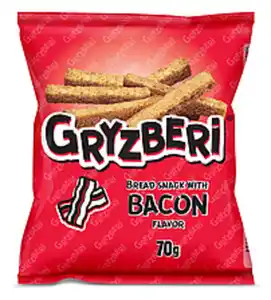 "GRYZBERI" Snack aus geröstetem Weizenbrot mit Bacon-Geschma...