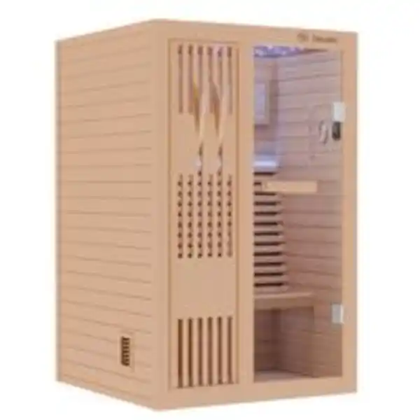 Bild 4 von Finnische Sauna MINTO 120x120 Kabine aus Hemlock Tannenholz mit 3,5 kW Harvia Ofen