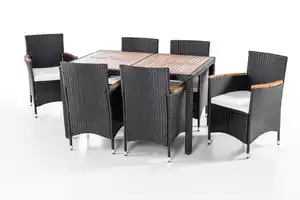 13tlg. Dining-Set VERA aus Polyrattan mit Holztisch inkl. Polsterauflagen