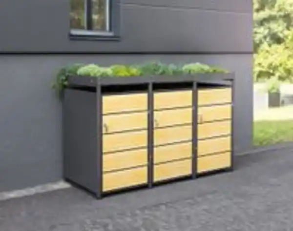 Bild 2 von 3er Mülltonnenverkleidung in Holzoptik aus Stahl, ca. 196 x 80 x 124 cm - Anthrazit/Holzoptik