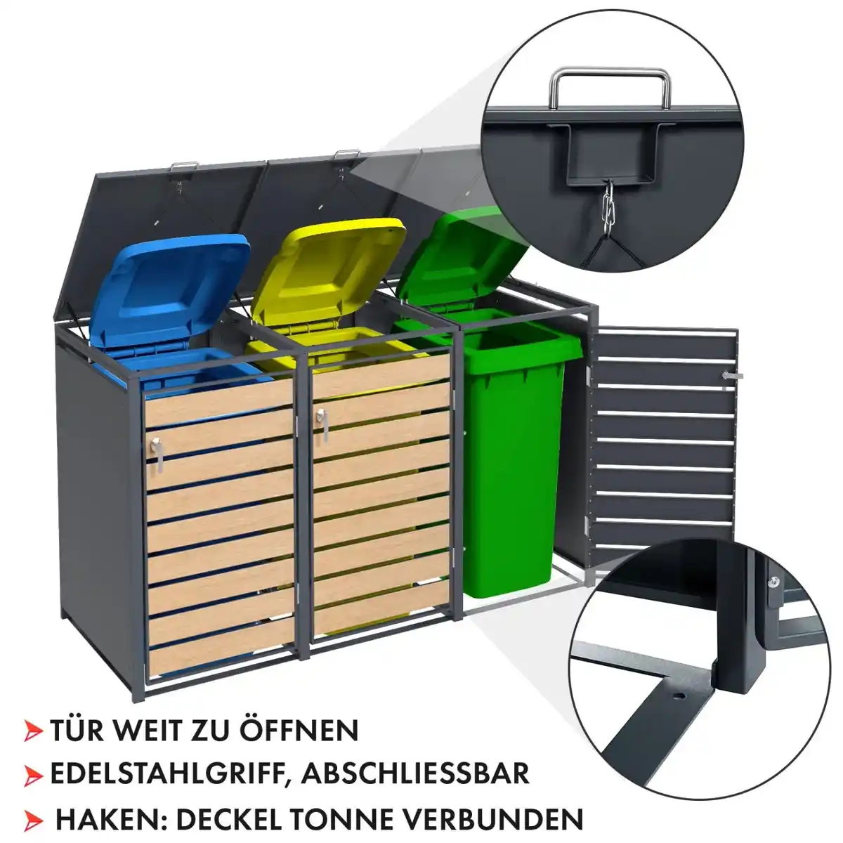 Bild 4 von KARAT Mülltonnenbox Johan Edelstahlrahmen und Holzdekor 198,5 x 80 x 116 cm 3 Türen