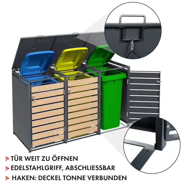 Bild 4 von KARAT Mülltonnenbox Johan Edelstahlrahmen und Holzdekor 198,5 x 80 x 116 cm 3 Türen