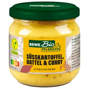 REWE Bio + vegan Streichcreme Süßkartoffel Dattel Curry 180g