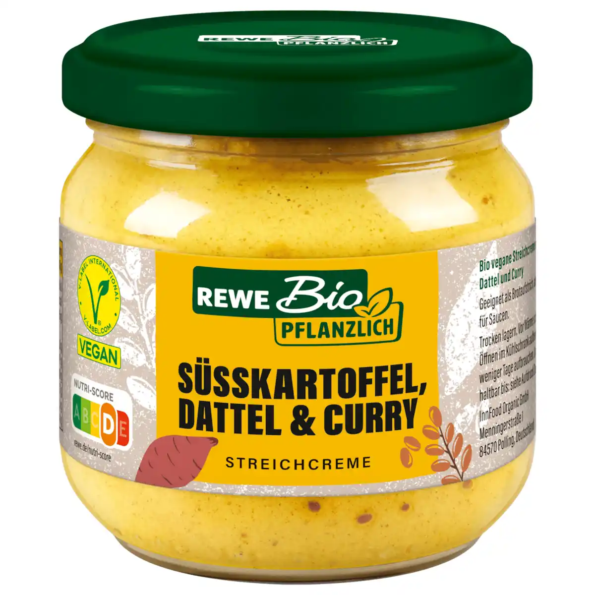 Bild 1 von REWE Bio + vegan Streichcreme Süßkartoffel Dattel Curry 180g