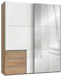 Schwebetürenschrank Level 36D ca. 200 cm Weiß/Eiche Dekor, Eichefarben, Weiß Hochglanz