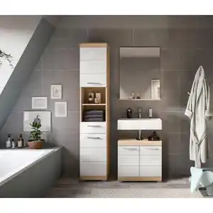 Mid.you Badezimmer, Sonoma Eiche, Weiß Hochglanz, Kunststoff, 3-teilig, 4 Fächer, 1 Schublade(n) Schubladen, 97 cm, FSC Mix, stehend, Spiegel mit Ablage, Badezimmer, Badmöbelsets & Badmöbelserien