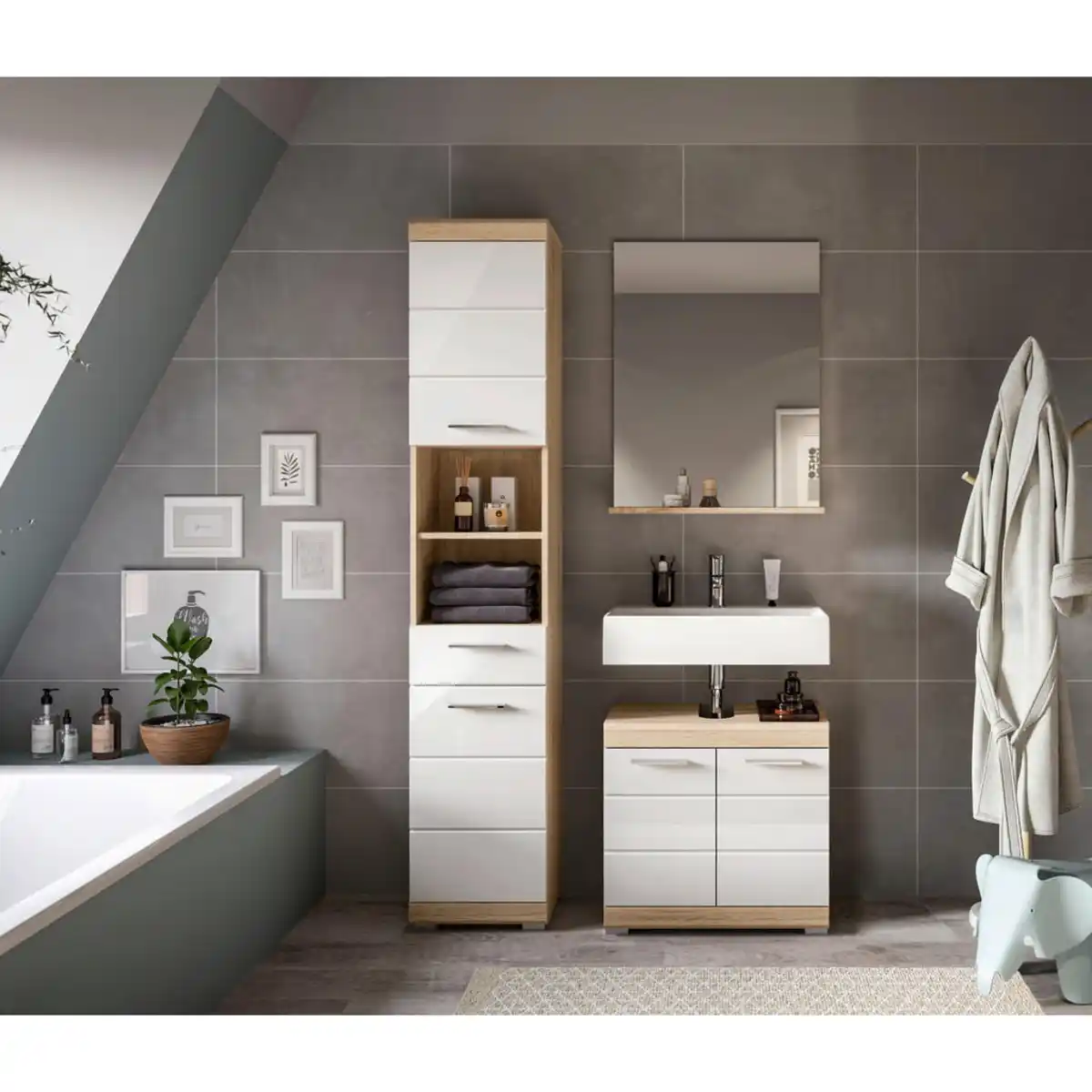 Bild 1 von Mid.you Badezimmer, Sonoma Eiche, Weiß Hochglanz, Kunststoff, 3-teilig, 4 Fächer, 1 Schublade(n) Schubladen, 97 cm, FSC Mix, stehend, Spiegel mit Ablage, Badezimmer, Badmöbelsets & Badmöbelserien